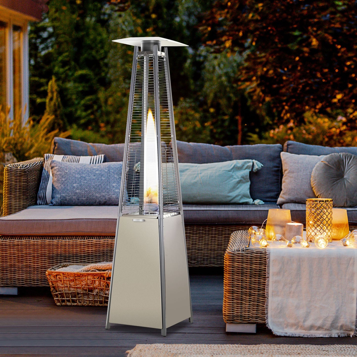 Outsunny 10.5KW Stainless Steel Outdoor Garden Patio Pyramid Heating Propane Gas Real Flame Heater Warmer Glass Tube w/ Wheels and Rain Cover, Silver - OutdoorBox