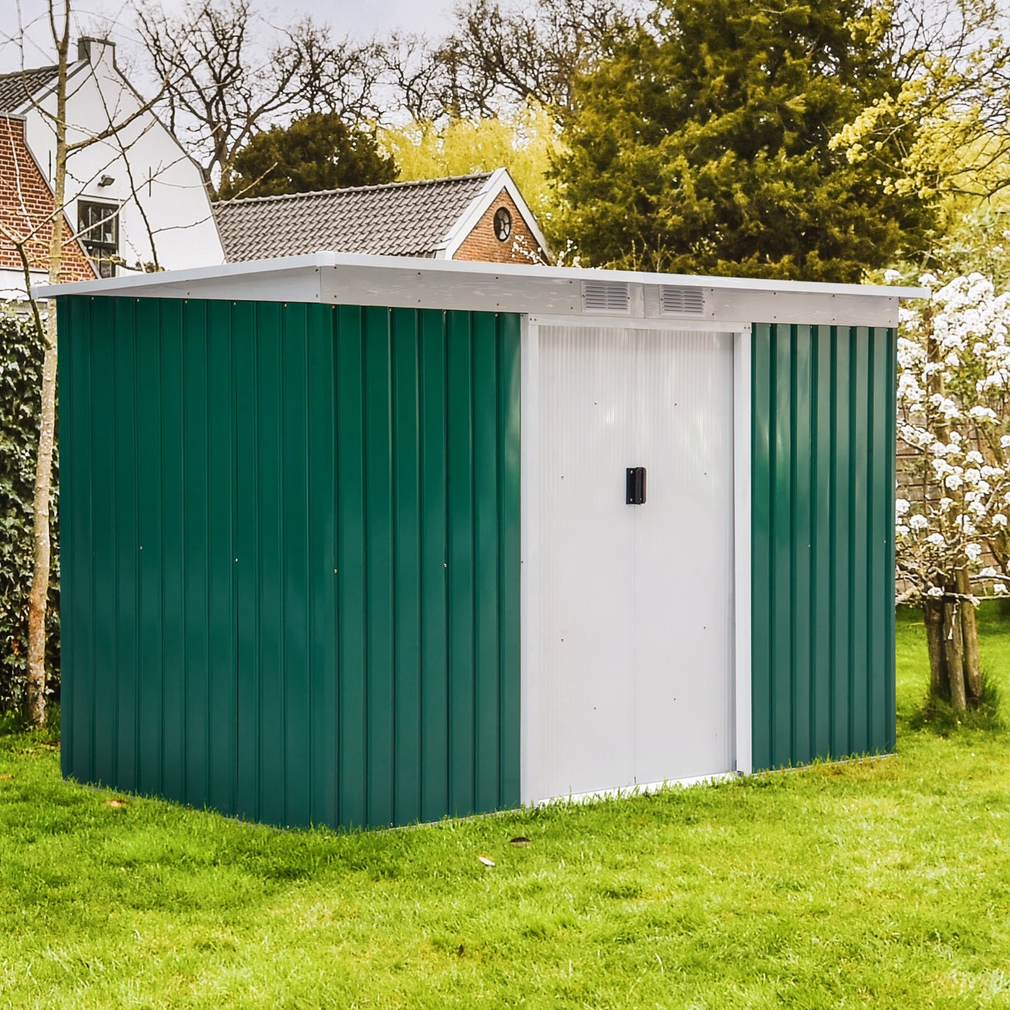 Outsunny 9ft x 4.25ft Corrugated Garden Metal Storage Shed Outdoor Equipment Tool Box with Foundation Ventilation & Doors Deep Green - OutdoorBox
