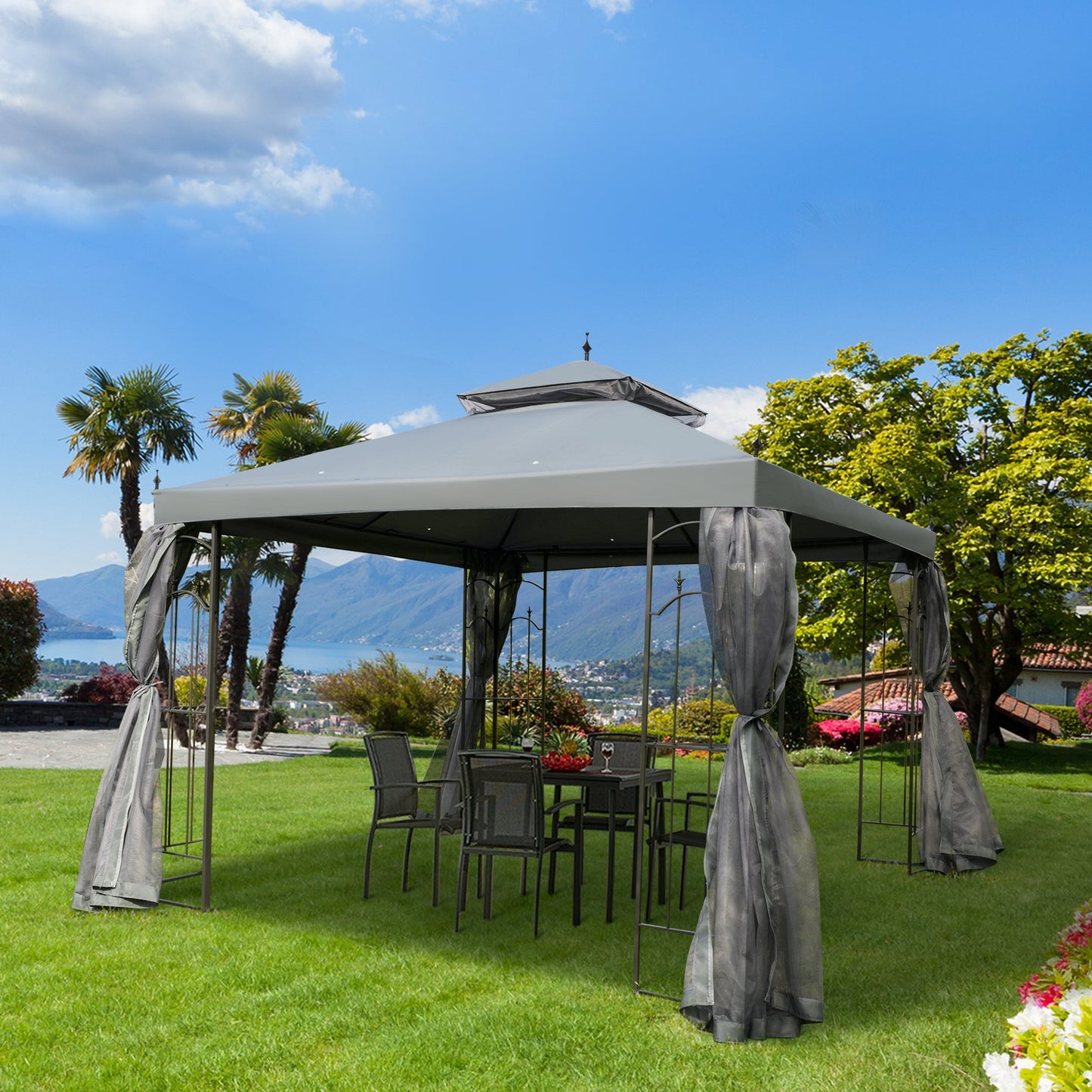 Outsunny 3(M)x3(M) Garden Gazebo Double Top Outdoor Canopy Patio Event Party Wedding Tent Backyard Sun Shade with Mesh Curtain - Grey - OutdoorBox