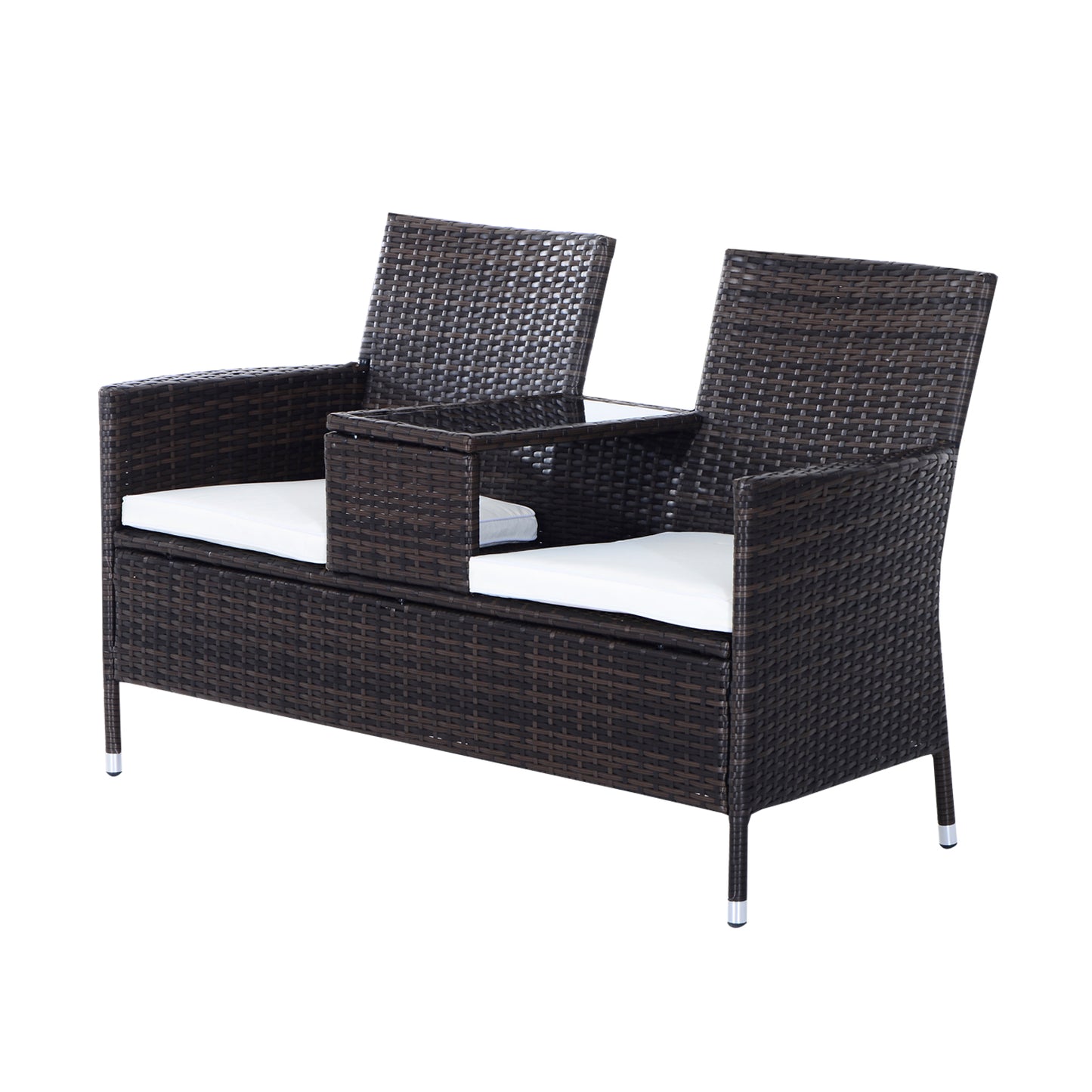 Outsunny Garden Rattan 2 Seater Companion Seat Wicker Love Seat Weave Partner Bench w/ Cushions Patio Outdoor Furniture (Brown) - OutdoorBox