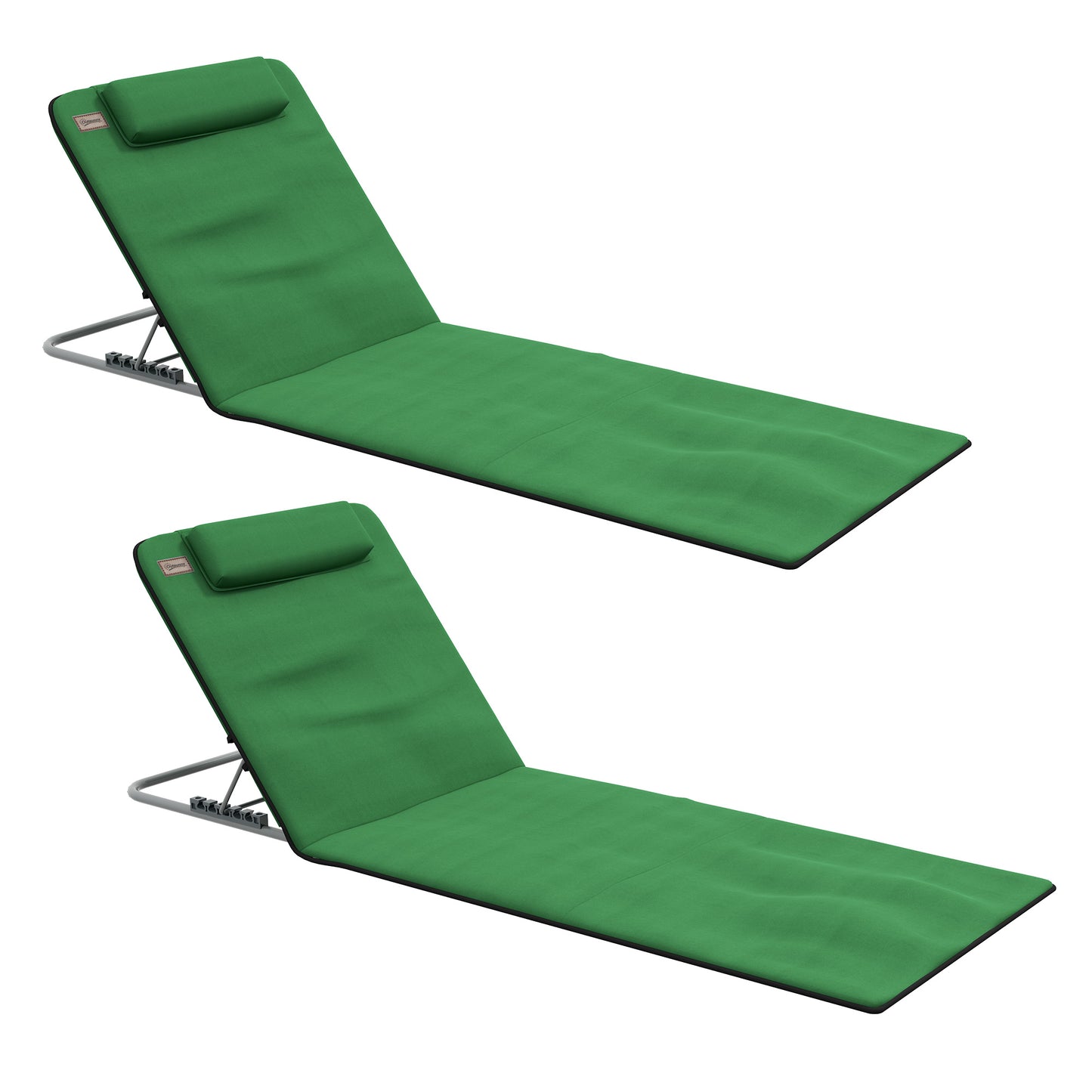 Outsunny Metal Frame PE Fabric 2 Pieces Outdoor Beach Reclining Chair Set w/ Pillow Green - OutdoorBox