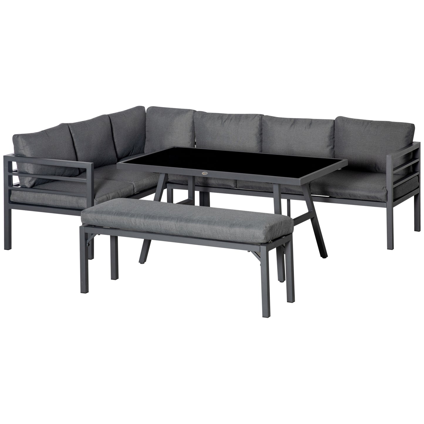 Outsunny�4�Piece�L-shaped Garden Furniture Set 8-Seater Aluminium Outdoor Dining Set Conversation Sofa Set w/ Bench, Dining Table & Cushions,�Grey