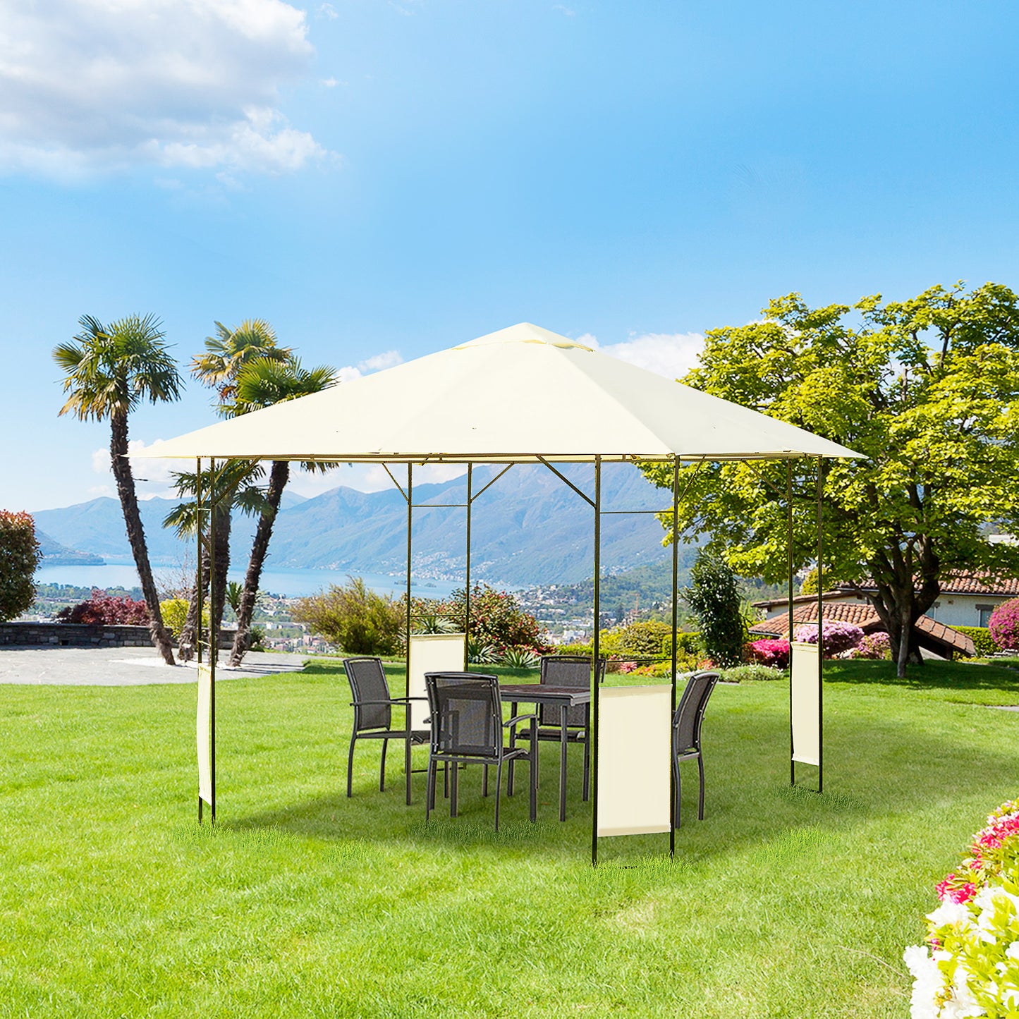 Outsunny 3 x 3 m Garden Metal Gazebo for Party and BBQ w/ Water-resistant PE Canopy Top, Cream - OutdoorBox