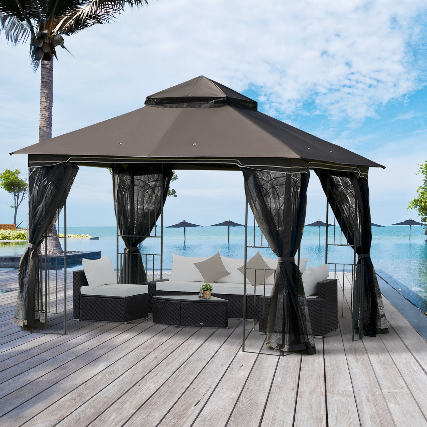 Outsunny Gazebo Garden Outdoor Canopy Double Tier Roof with Removable Mesh Curtains Display Shelves Top Hooks-Coffee