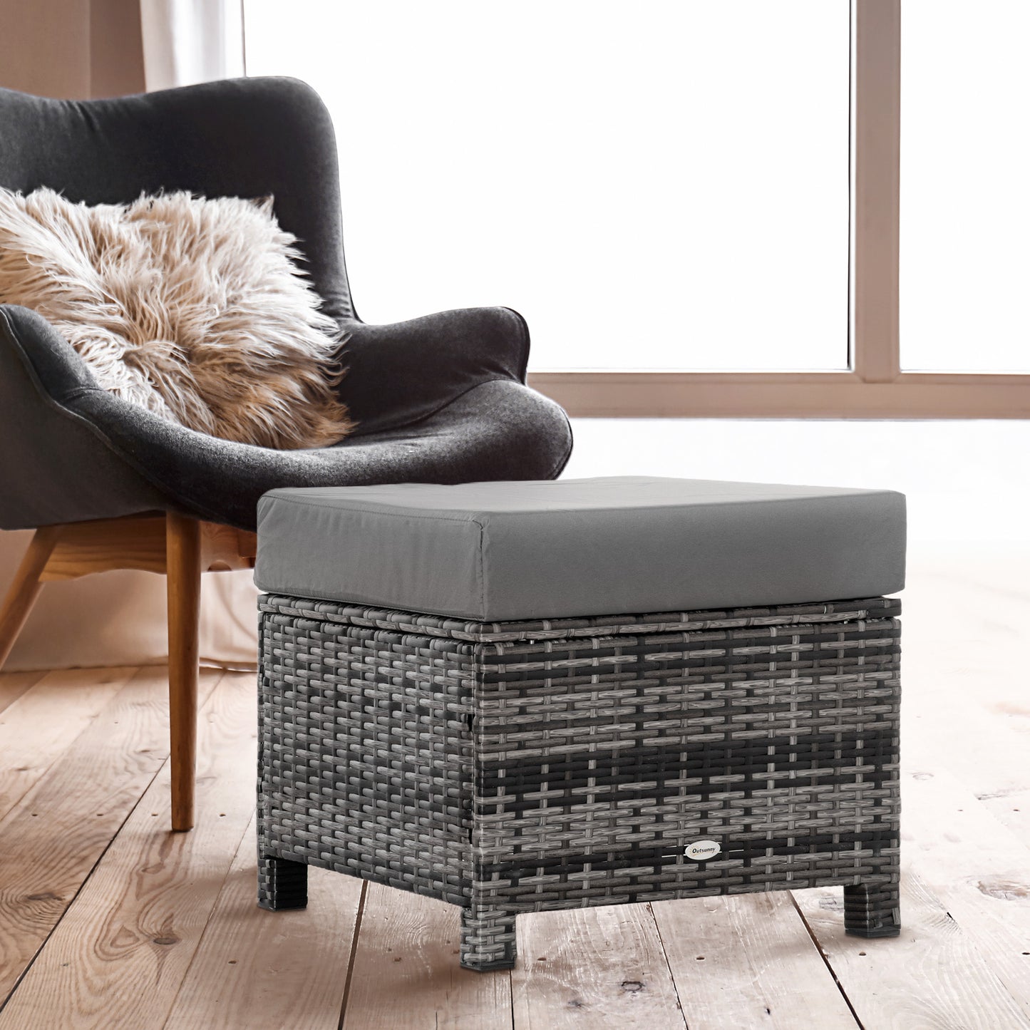 Outsunny Rattan Footstool Wicker Ottoman with Padded Seat Cushion Outdoor Patio Furniture for Backyard Garden Poolside Living Room 50x50x35cm Grey - OutdoorBox