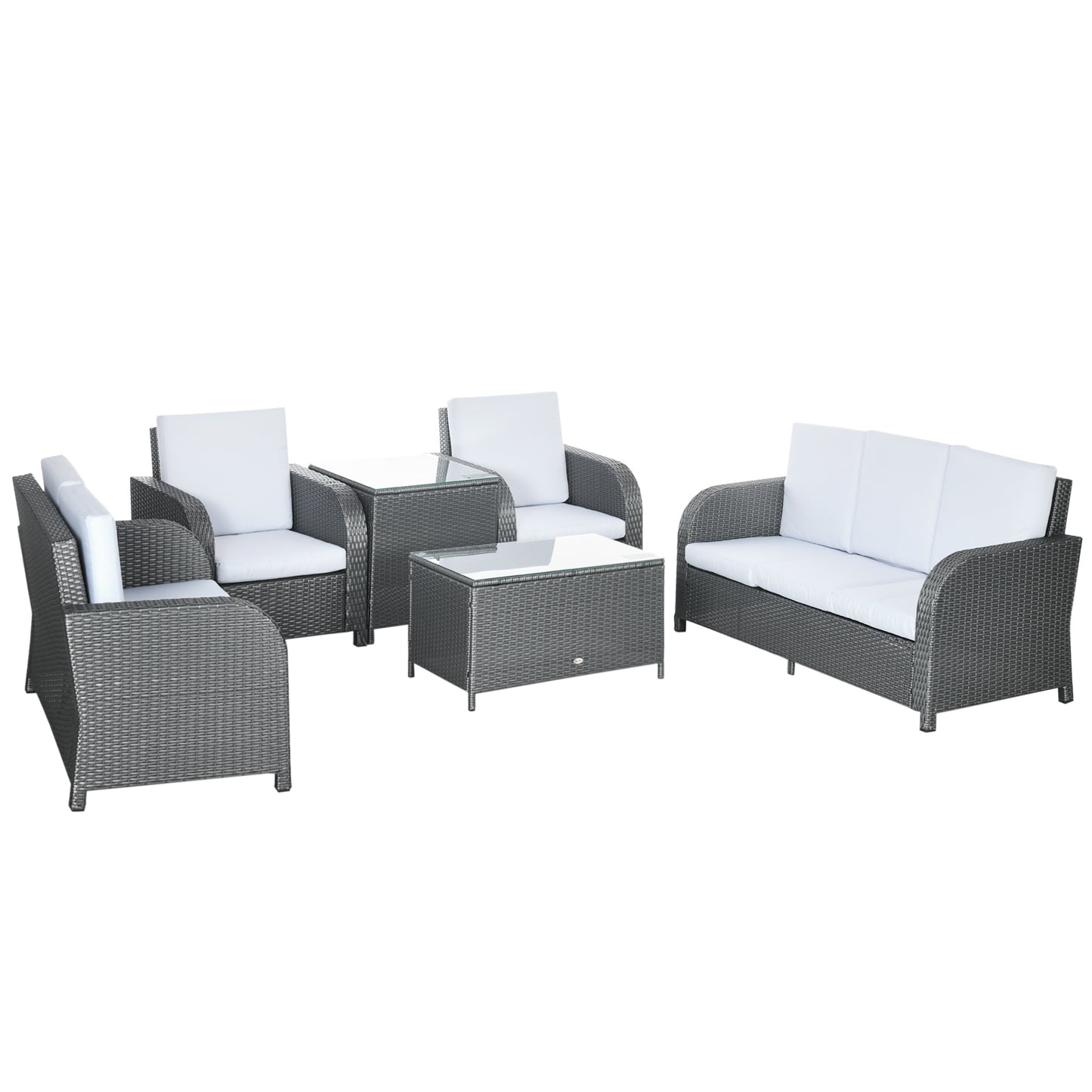 Outsunny 7 Seater Outdoor Rattan Garden Furniture Sets with Wicker Sofa, Reclining Armchair and Glass Table, Grey - OutdoorBox