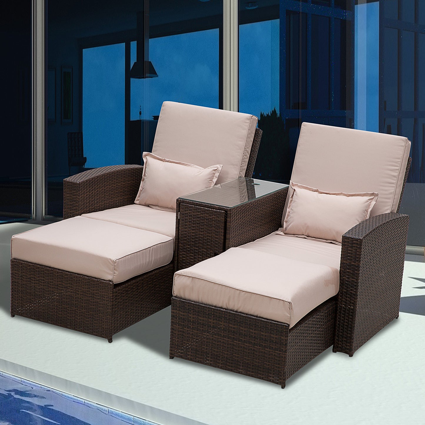 Outsunny Outdoor Garden Rattan Companion Sofa Chair & Stool Lounger Recliner Love Sunbed Daybed Patio Wicker Weave Furniture Set Assembled Brown - OutdoorBox