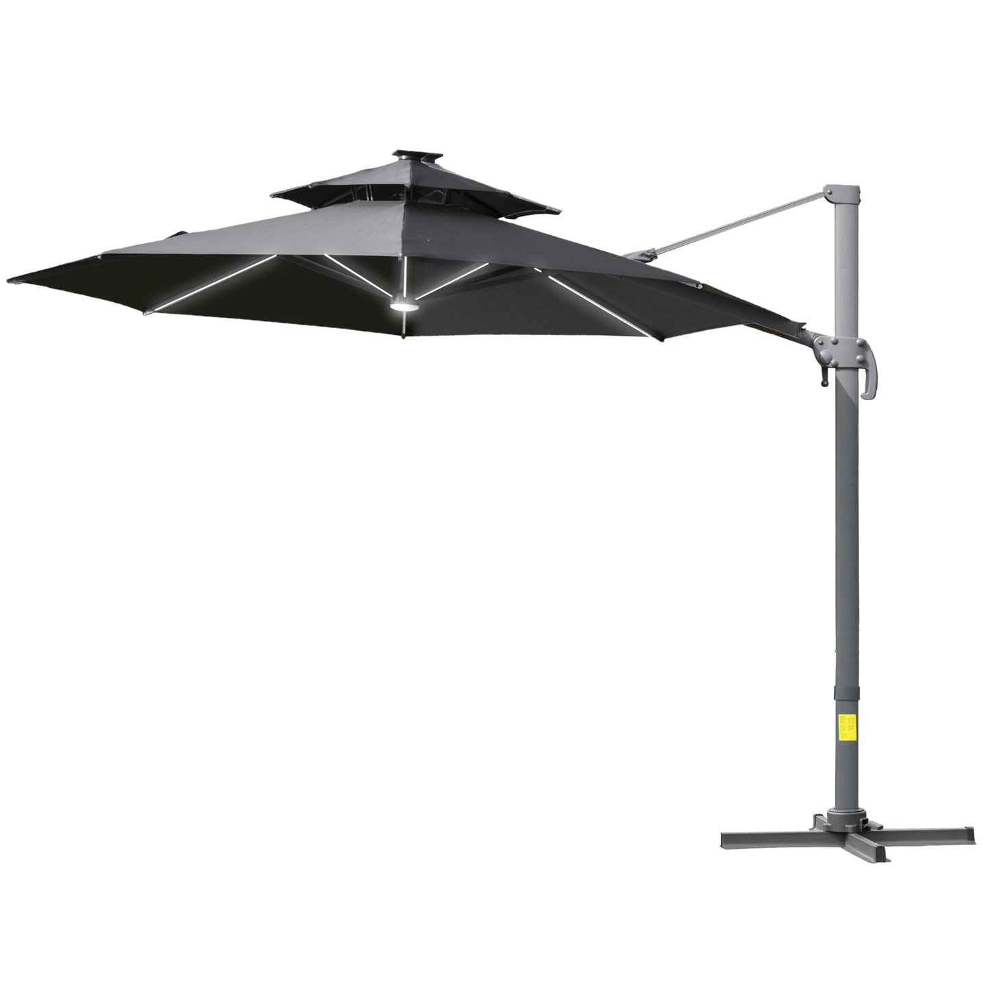 Outsunny 3m Cantilever Parasol w/ Solar Lights Power Bank Cross Base Adjustable Canopy 360� Spin Outdoor Garden Umbrella 2-Tier Roof Sun Shade Grey - OutdoorBox