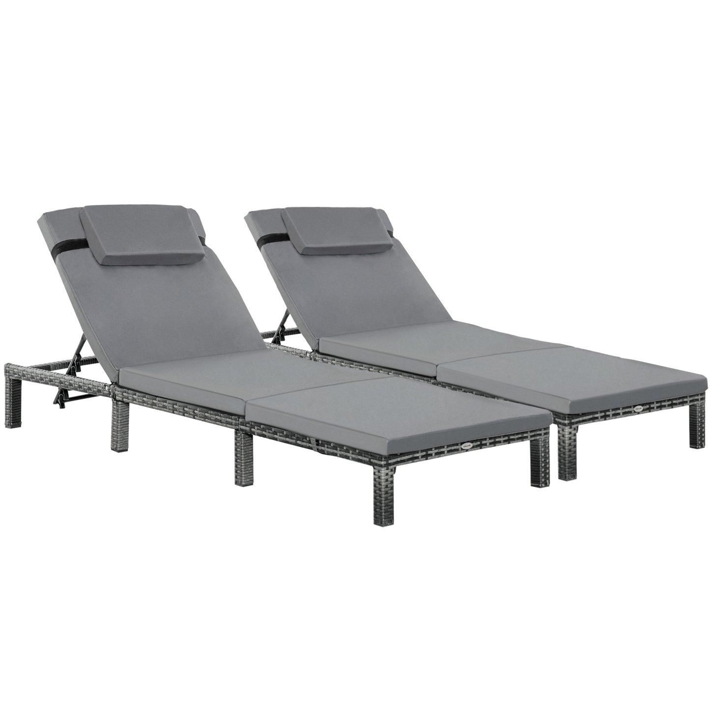 Outsunny 2 Pieces Outdoor PE Rattan Sun Loungers set of 2 with Cushion, Garden Wicker Sunbed Furniture with 5-Level Recliner Backrest, Grey - OutdoorBox