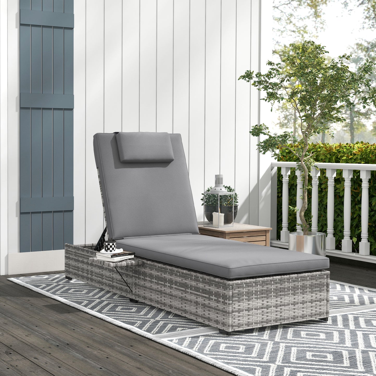 Outsunny Patio PE Rattan Lounger w/ Cushion, 5-Level Reclining Wicker Rattan Sun Lounger w/ Tea Tray, for Poolside, 120kg Weight Capacity, Grey