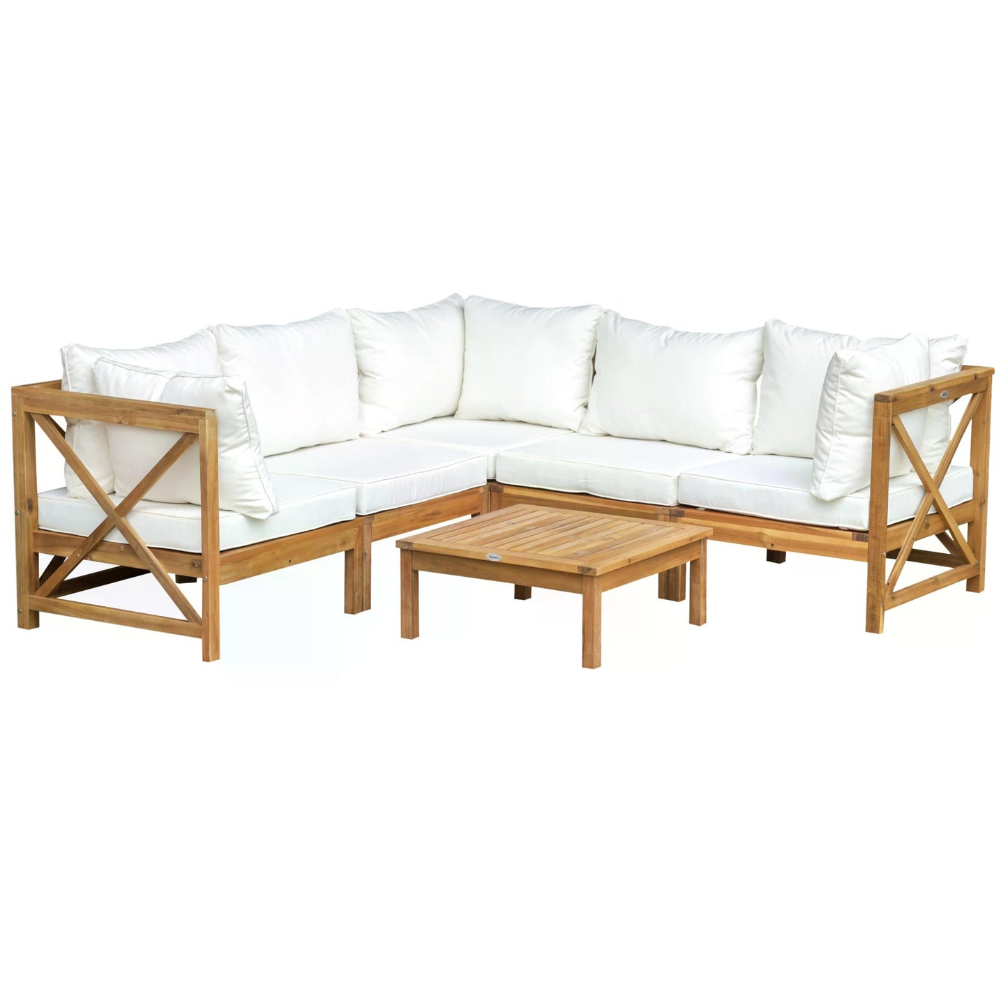 Outsunny 6pcs Patio Furniture Set Garden Sofa Set 1 Coffee Table Suitable with Cushions for Outdoor Indoor Balcony Poolside Acacia Wood Cream White - OutdoorBox