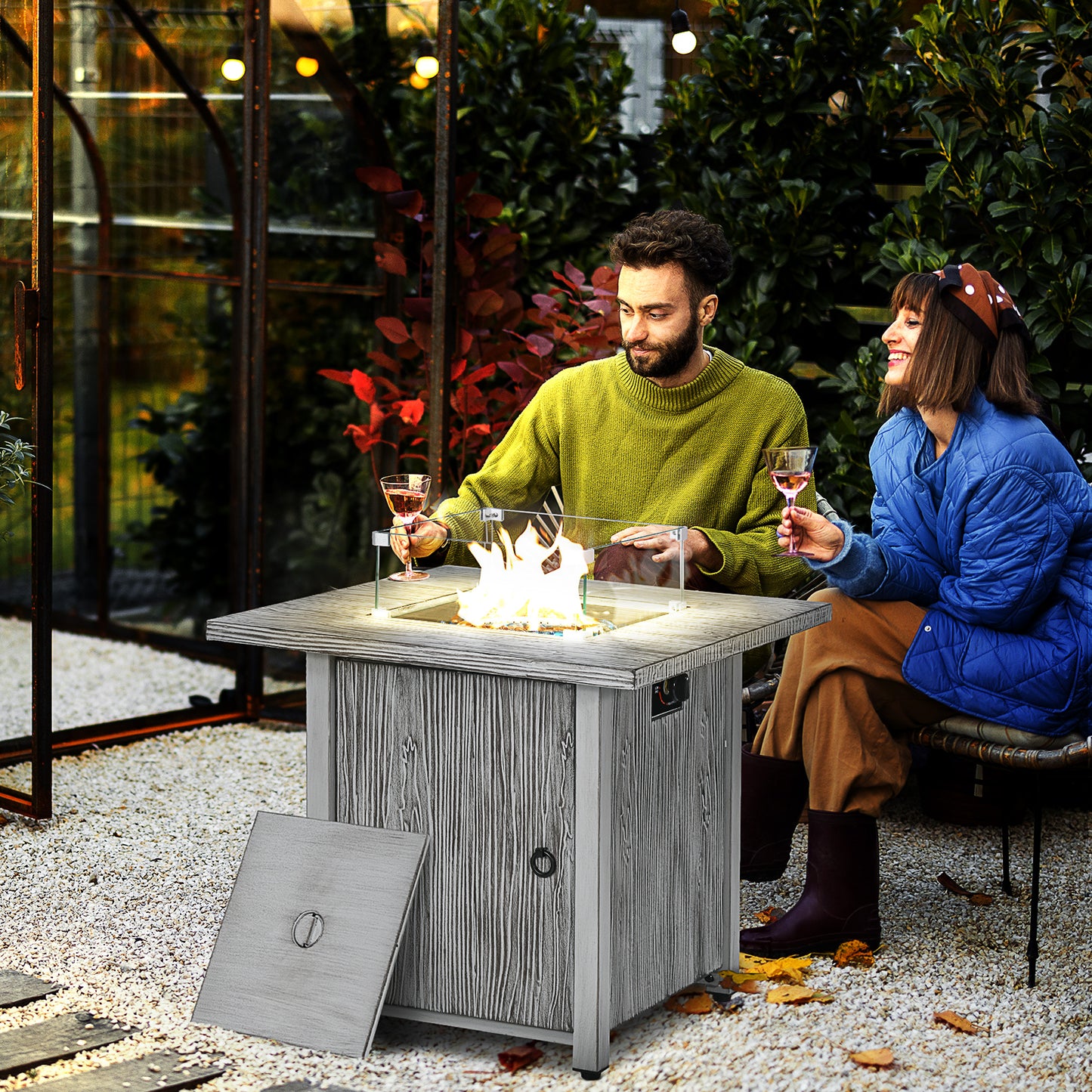 Outsunny 40,000 BTU Gas Fire Pit Table with Cover, Glass Screen and Glass Beads, Grey - OutdoorBox