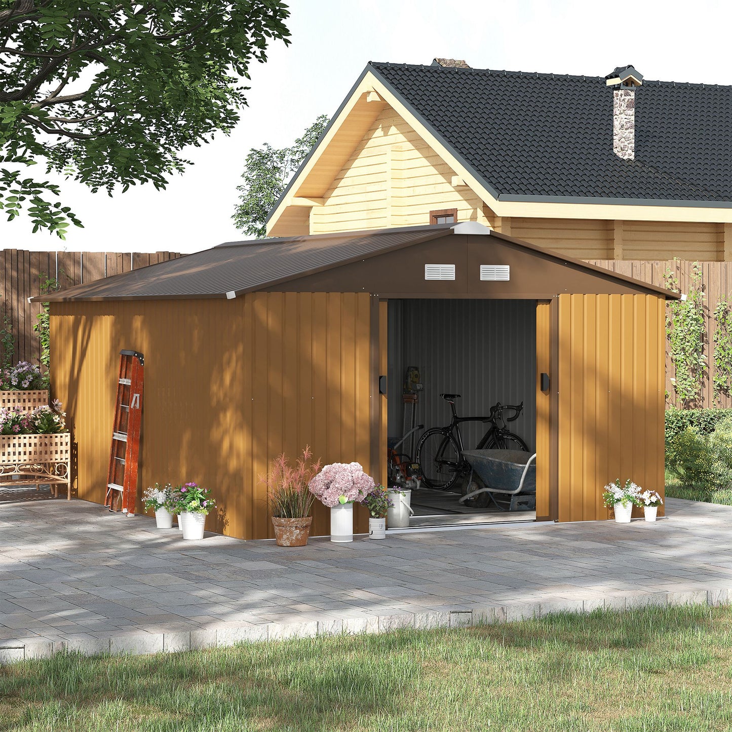 Outsunny 13 x 11 ft Metal Garden Shed Large Patio Roofed Tool Storage Box with Foundation Ventilation and Sliding Doors, Yellow - OutdoorBox