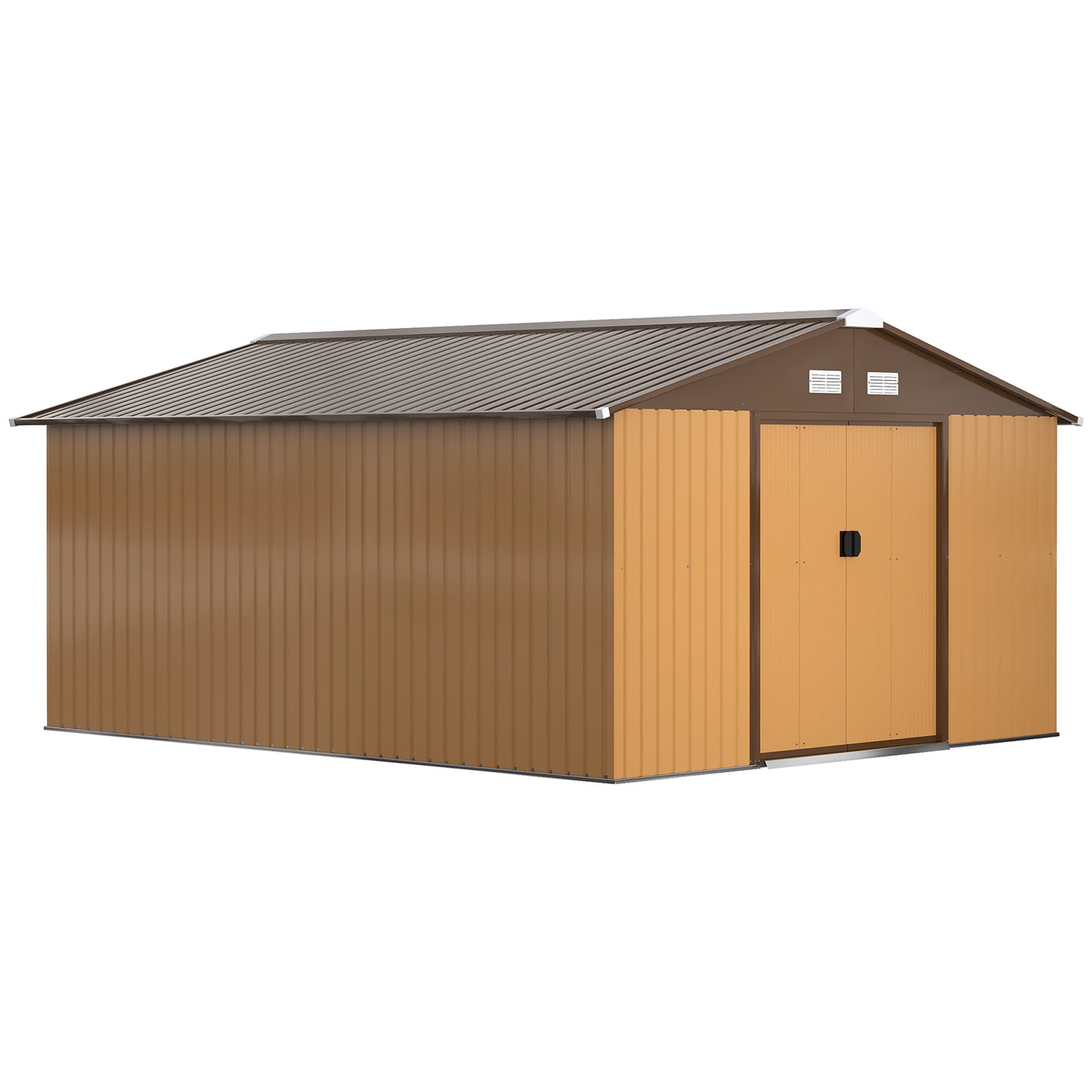 Outsunny 13 x 11 ft Metal Garden Shed Large Patio Roofed Tool Storage Box with Foundation Ventilation and Sliding Doors, Yellow - OutdoorBox