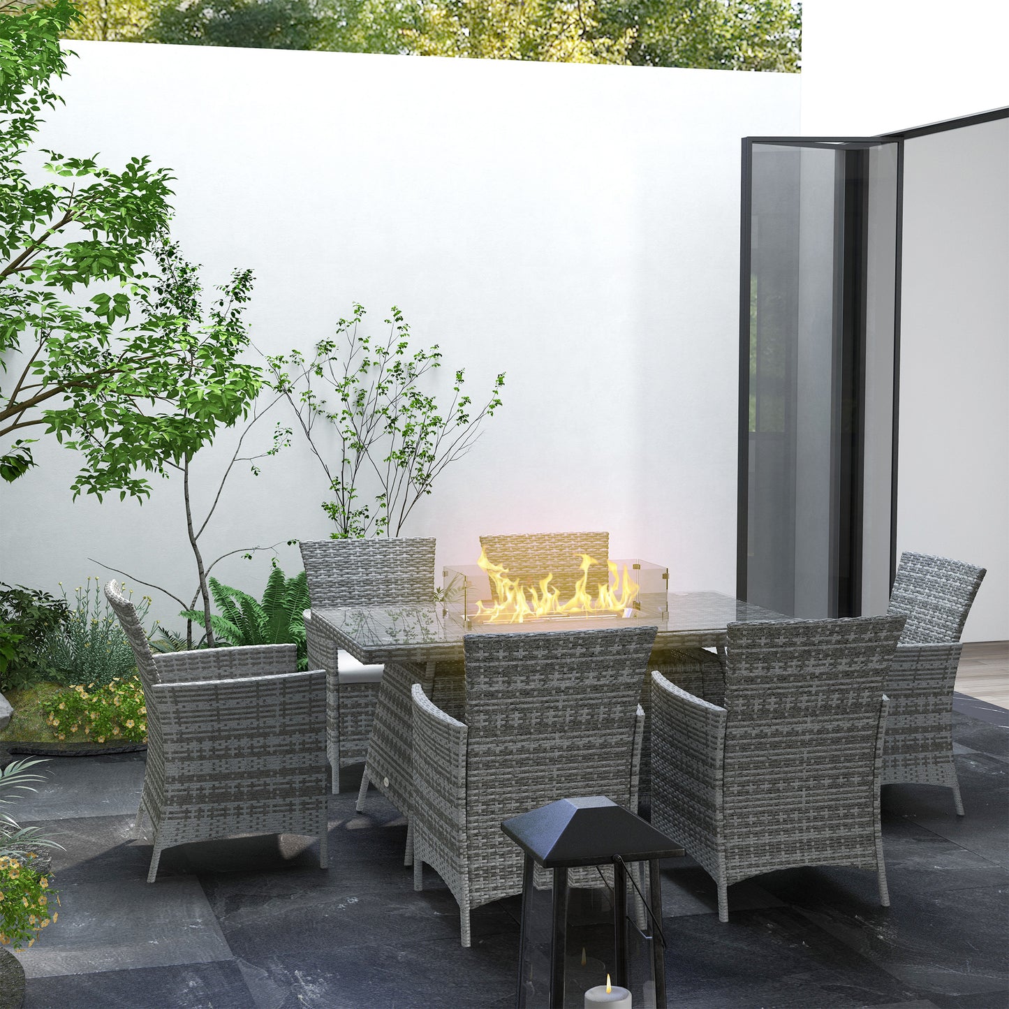 Outsunny 7 Pcs PE Rattan Dining Sets w/ Fire Pit Table, Garden Dining Set w/ Heater Table, Armchairs w/ Cushions, Glass Windscreen, 50,000 BTU, Grey