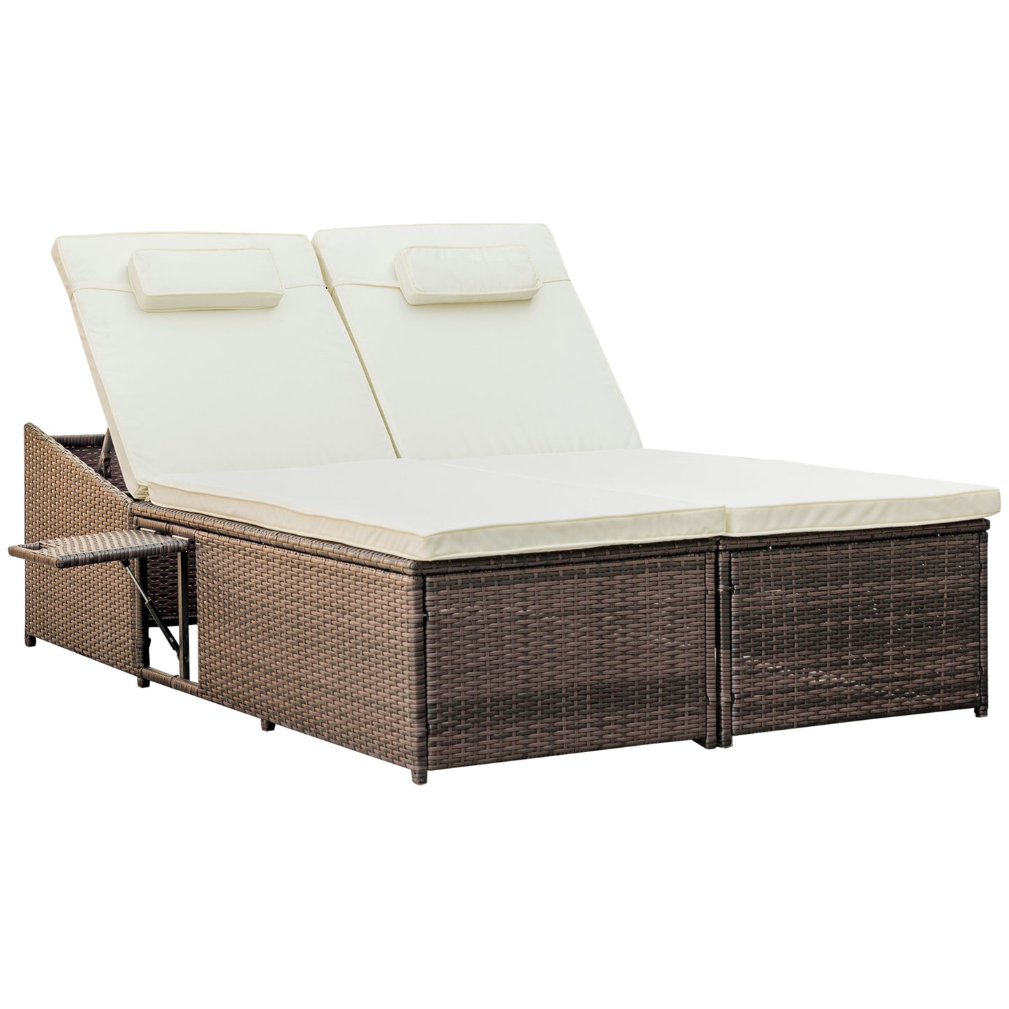 Outsunny 2 Seater Adjustable Double Rattan W/Tray-Brown/Cream-White