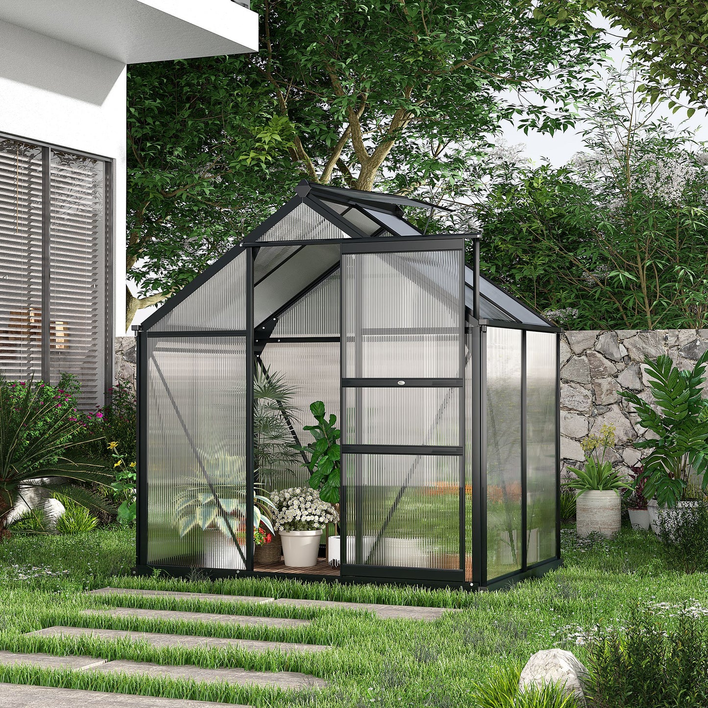 Outsunny Clear Polycarbonate Greenhouse Large Walk-In Green House Garden Plants Grow Galvanized Base Aluminium Frame with Slide Door, 6 x 4ft - OutdoorBox