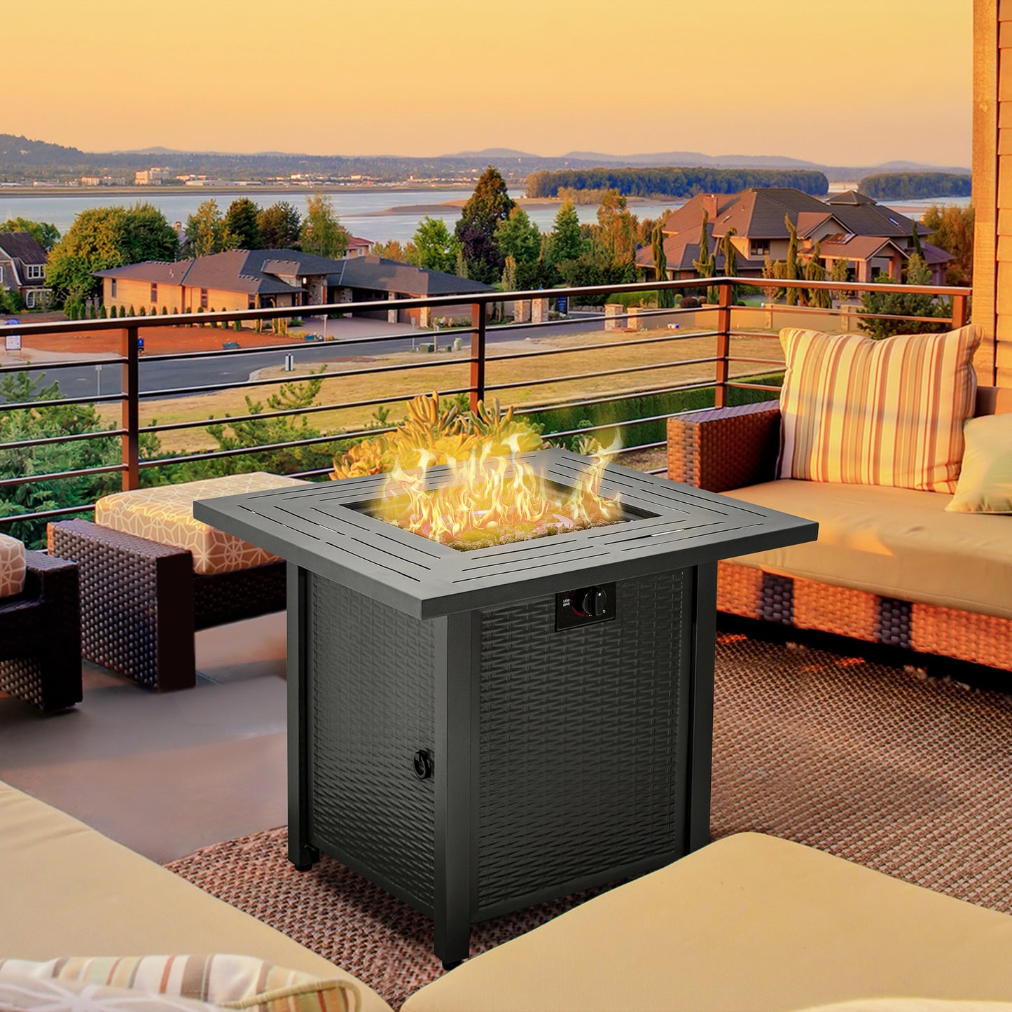 Outsunny Square Propane Gas Fire Pit Table, 40000 BTU Rattan Smokeless Firepit Patio Heater w/ Protective Cover, Lava Rocks and Lid, 71x71x62cm, Black - OutdoorBox