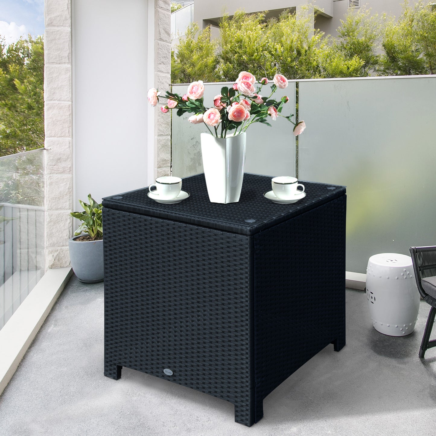 Outsunny Rattan Garden Furniture Side Table Patio Frame Tempered Glass New (Black) - OutdoorBox