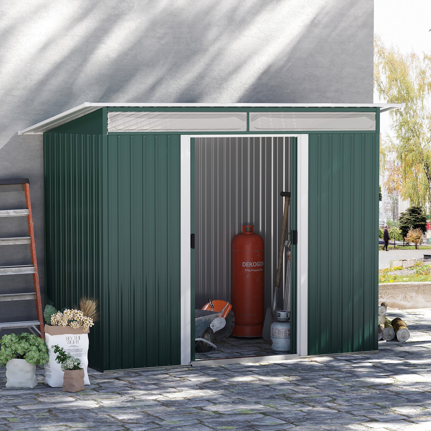 Outsunny Pent Roofed Metal Garden Shed House Hut Gardening Tool Storage w/ Ventilation 260L x 133W x 200Hcm - OutdoorBox