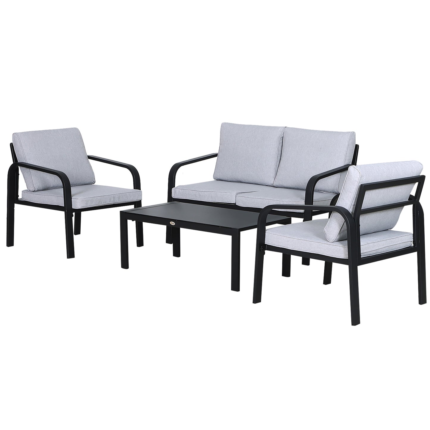 Outsunny 4 Pcs Aluminium Frame Garden Dining Set w/ 2 Chairs Sofa Glass Top Table Foam Cushions Sleek Contemporary Tough Durable Grey Black - OutdoorBox