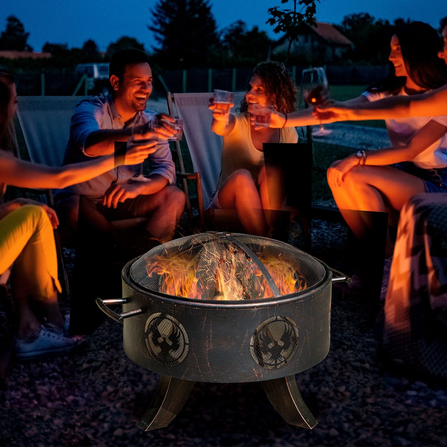 Outsunny Outdoor Fire Pit Patio Heater Charcoal Log Wood Burner with Screen Cover, Fire Bowl with Poker for Backyard, Bronze Tone - OutdoorBox