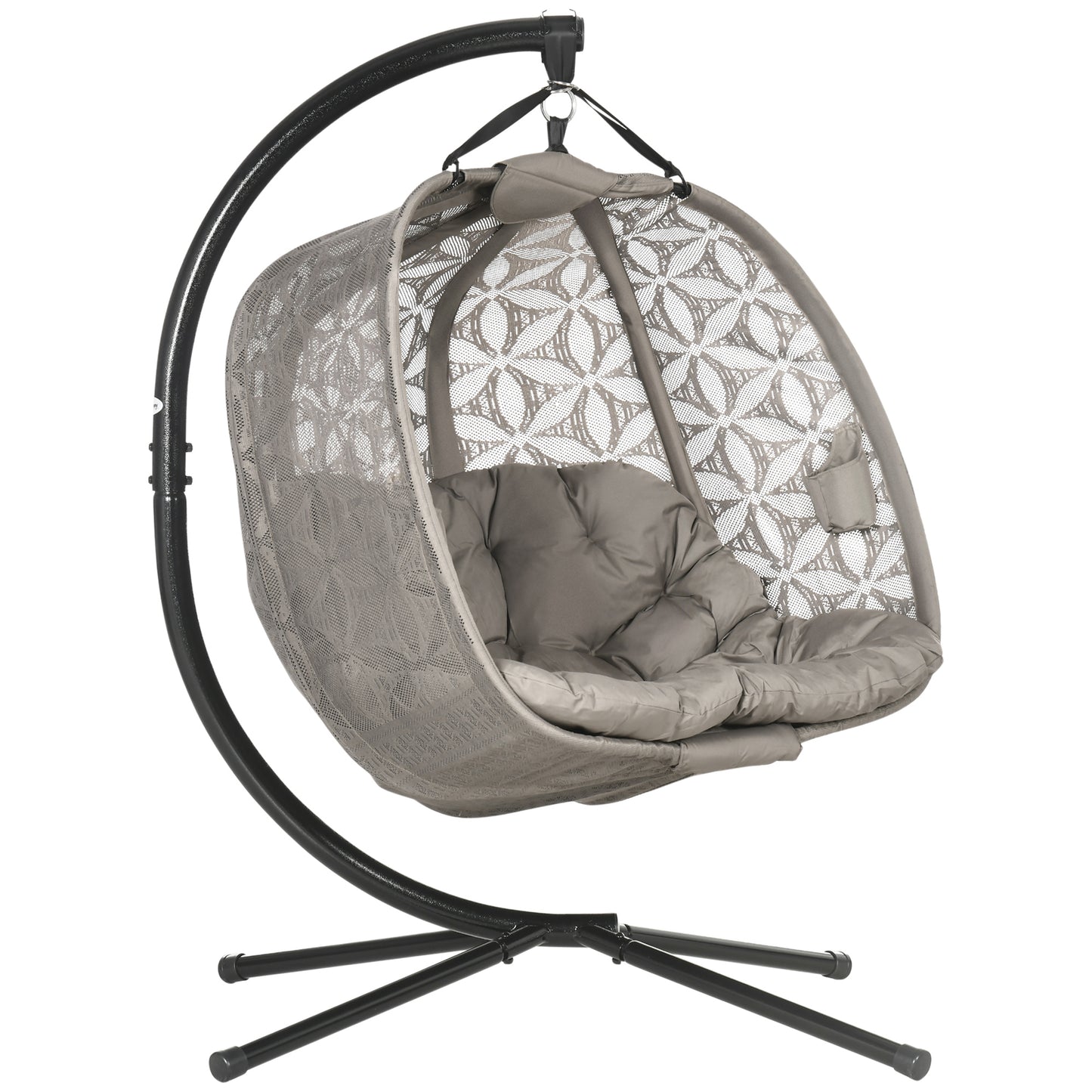 Outsunny Outdoor Double Hanging Chair, Swing Chair with Metal Stand, Thick Padded Cushion, Foldable Basket Cup Holders for Indoor Outdoor, Sand Brown - OutdoorBox