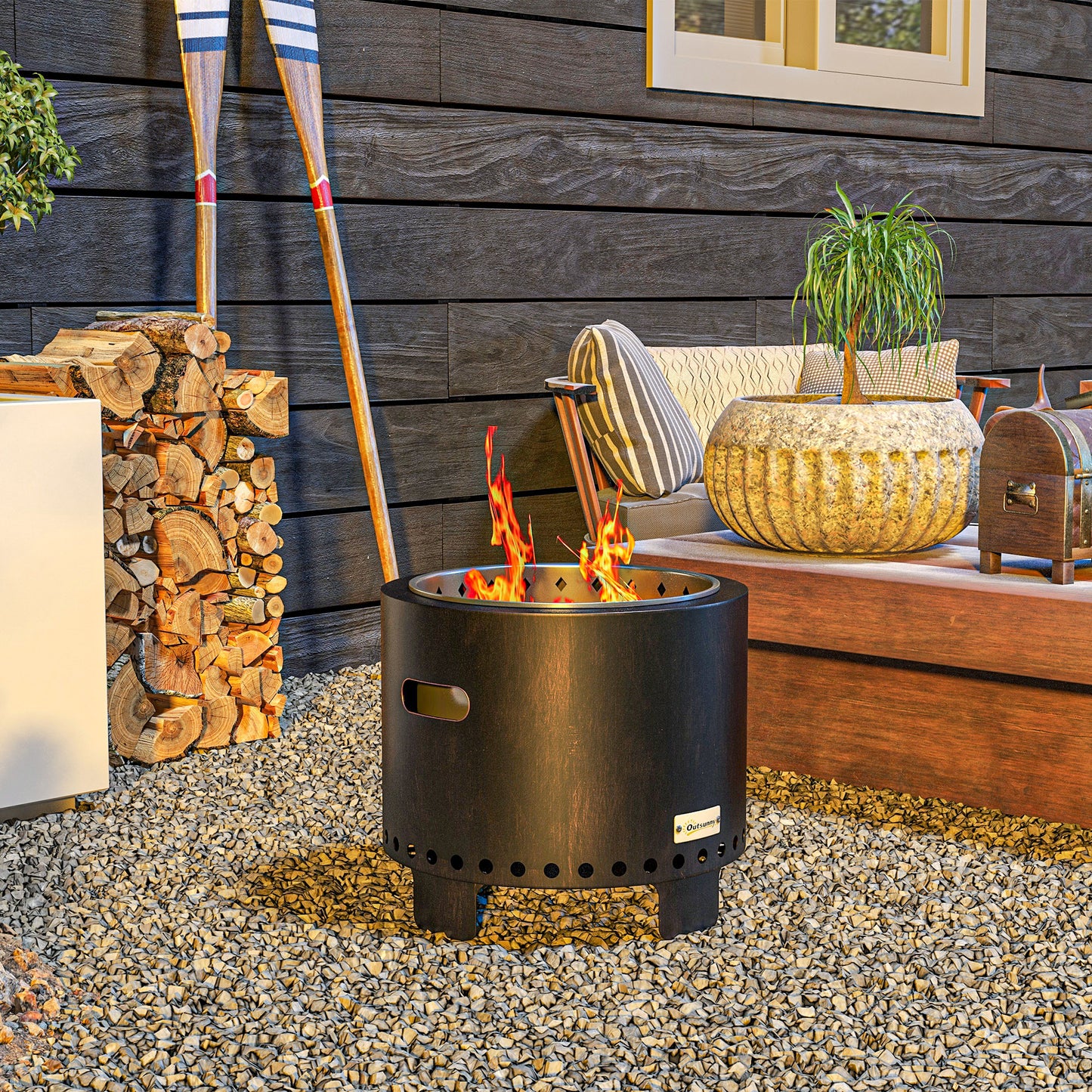 Outsunny Metal Wood-burning Smokeless Fire Pit, Black - OutdoorBox