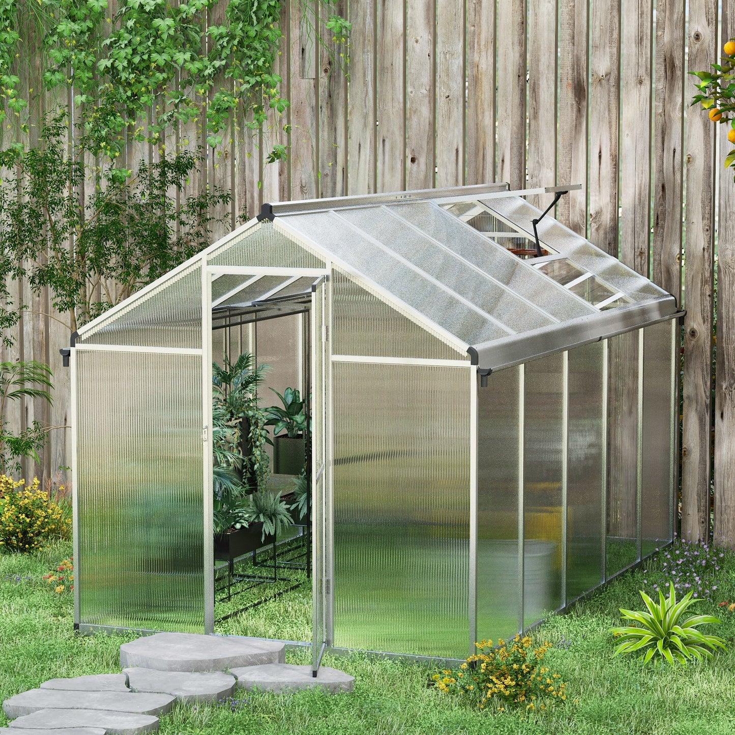 Outsunny 6 x 10ft Polycarbonate Greenhouse with Rain Gutters, Large Walk-In Green House with Door and Window, Garden Plants Grow House with Aluminium Frame and Foundation - OutdoorBox