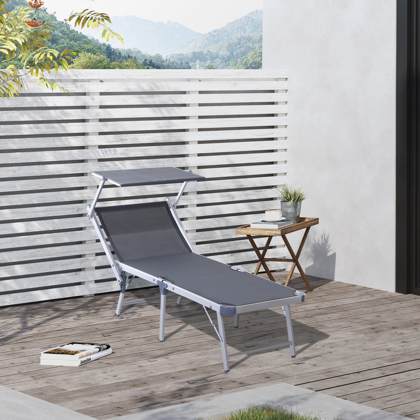 Outsunny Garden Sun Lounger Texteline Chaise Lounge Reclining Chair with Canopy Adjustable Backrest Bed Aluminium Frame - Grey