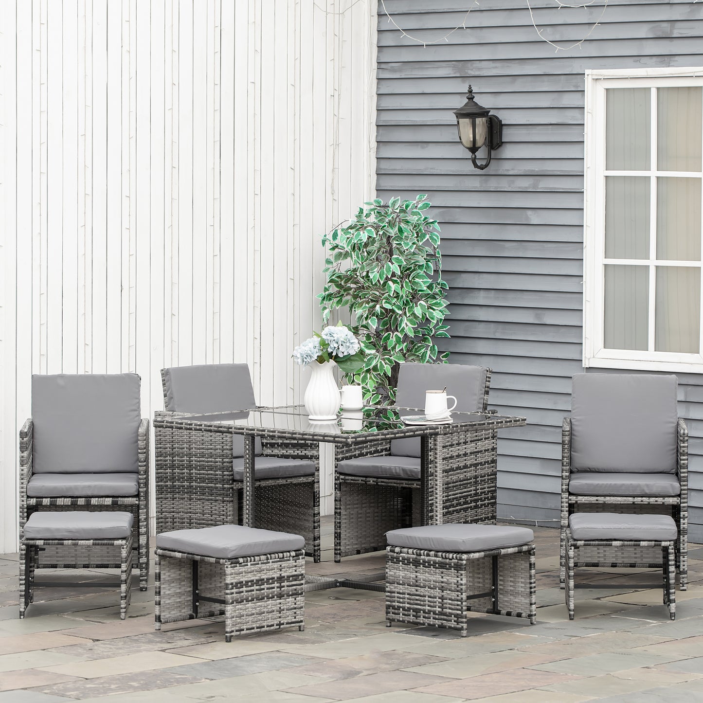 Outsunny 9PC Rattan Garden Furniture Outdoor Patio Dining Table Set Weave Wicker 8 Seater Stool Mixed Grey - OutdoorBox