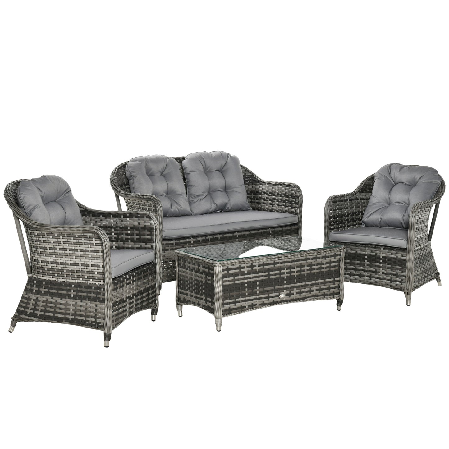 Outsunny 4-Seater PE Rattan Wicker Sofa Set Outdoor Conservatory Furniture Lawn Patio Coffee Table w/ Cushion - Grey