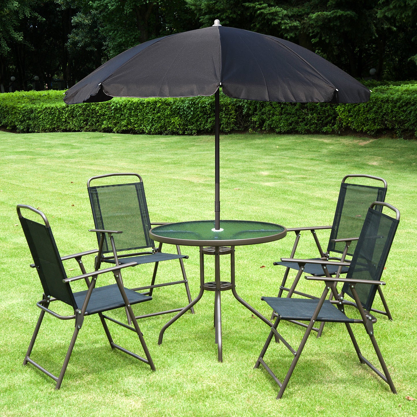 Outsunny 6 PCs Garden Patio Furniture Set Bistro Set Texteline Folding Chairs +Table +Parasol (Black) - OutdoorBox