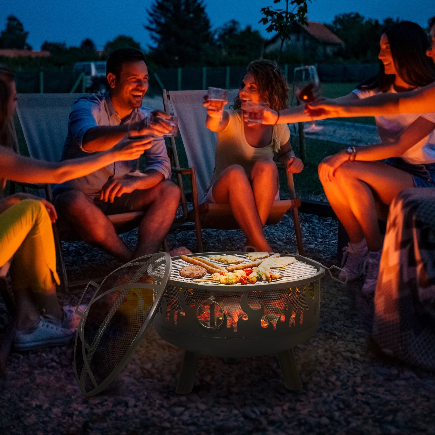 Outsunny 2-in-1 Outdoor Fire Pit with Cooking Grate Steel BBQ Grill Bowl Heater with Spark Screen Cover, Fire Poker for Backyard Bonfire Patio - OutdoorBox