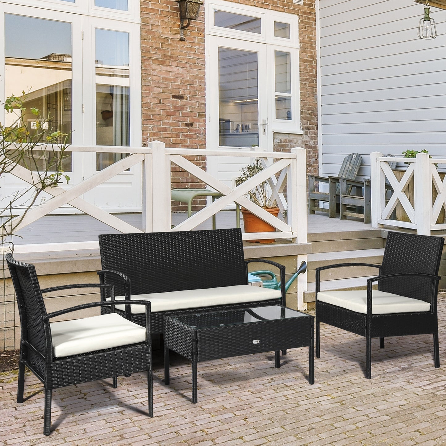 Outsunny 4-Seater Rattan Garden Furniture Set Black Cream Outdoor Patio Wicker Weave Chairs Table Conservatory Seaters Bistro Set - OutdoorBox