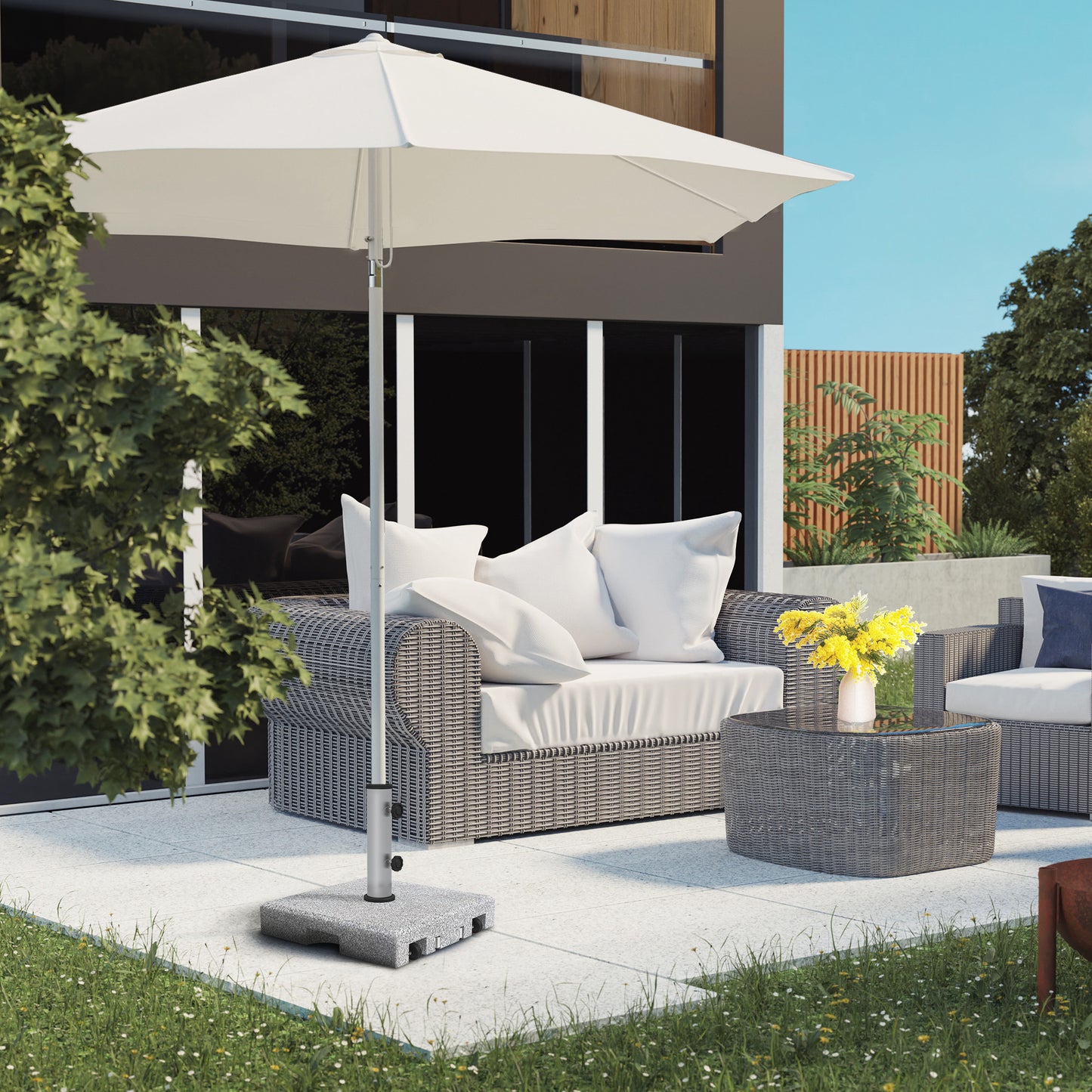 Outsunny Granite Parasol Base, 28kg Heavy Duty Square Umbrella Stand with Wheels, Retractable Handle, Stainless Steel, Grey