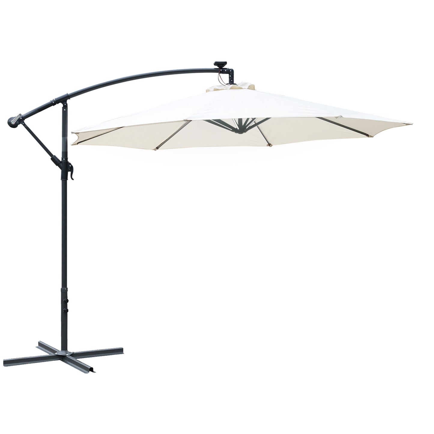 Outsunny 3(m) LED Cantilever Parasol Banana Garden Umbrella with Solar Lights, Crank Handle and Cross Base, Hanging Sun Shade, Off-White - OutdoorBox