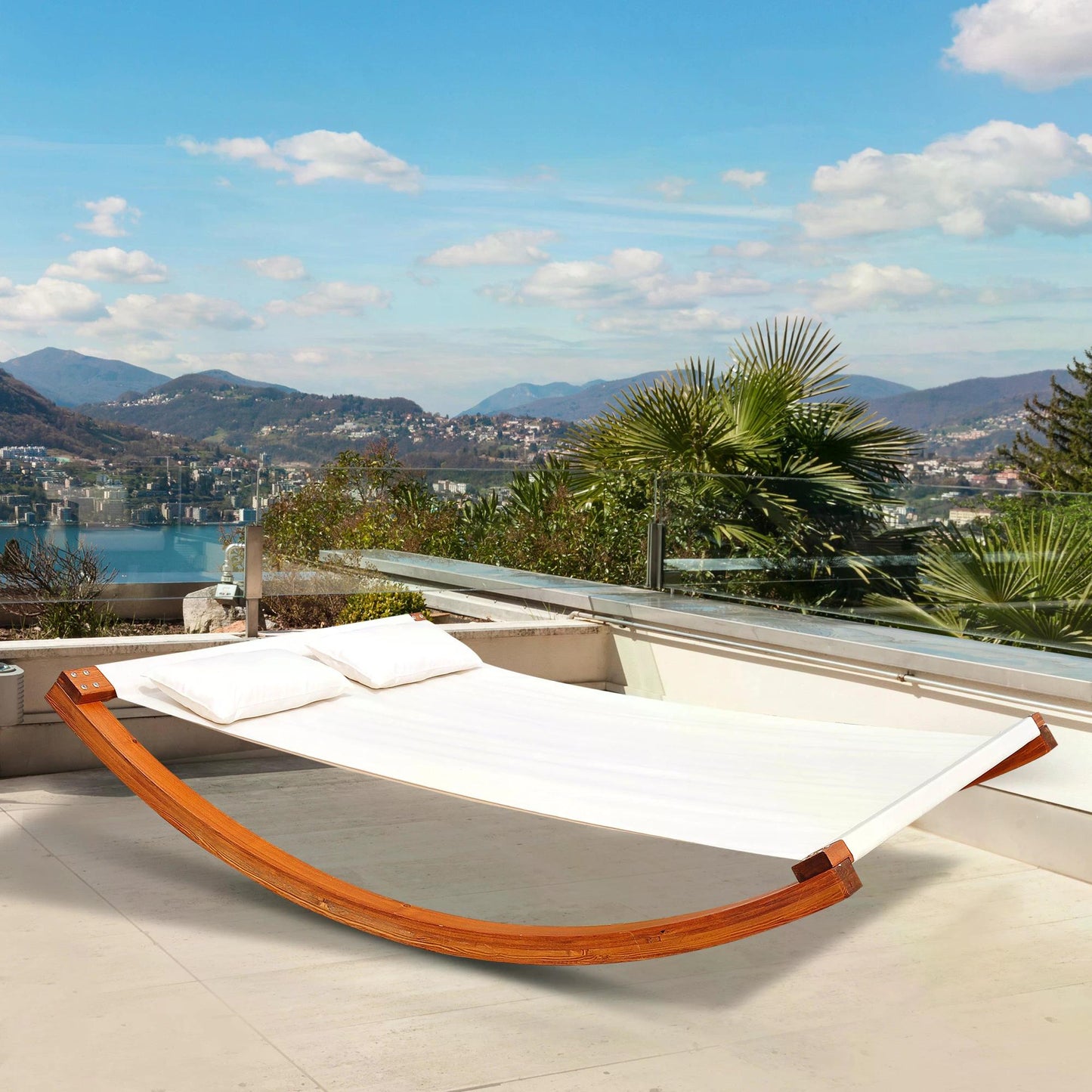 Outsunny Rocking Double Sun Lounger W/ Wooden Frame-White - OutdoorBox