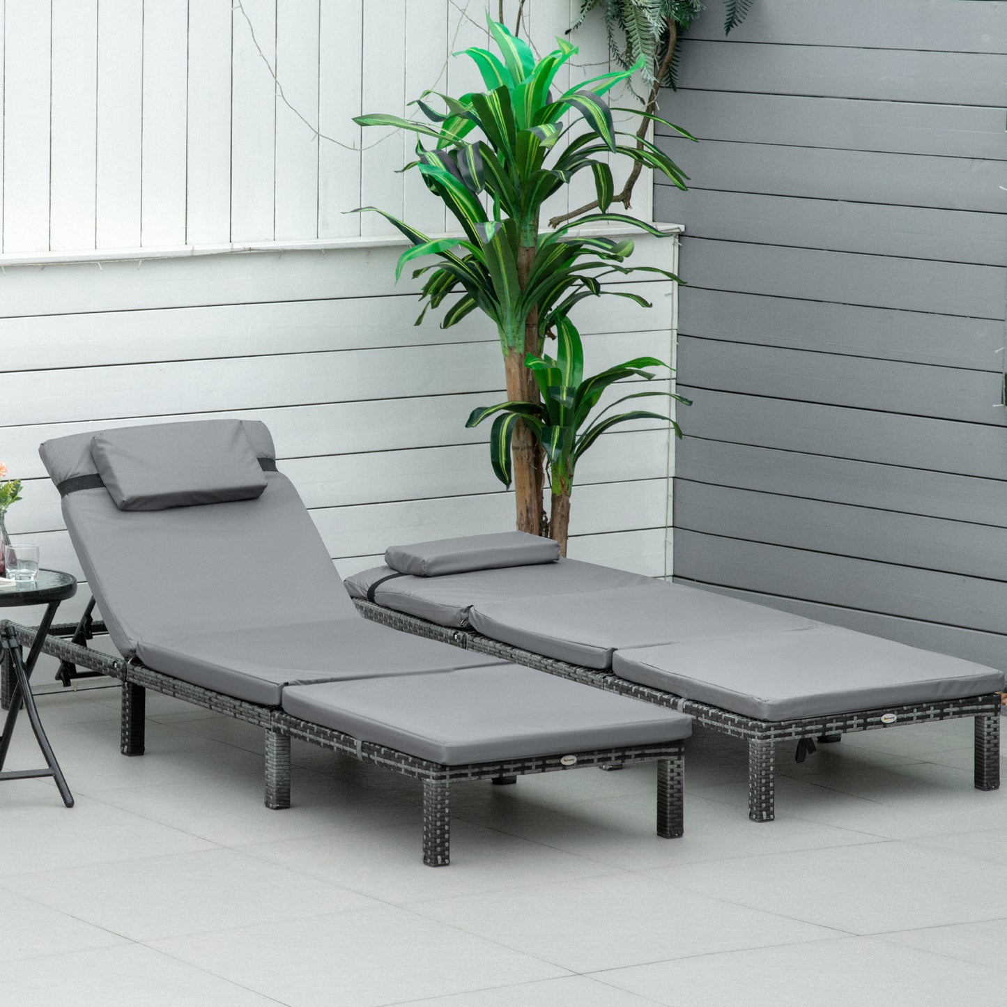 Outsunny 2 Pieces Outdoor PE Rattan Sun Loungers set of 2 with Cushion, Garden Wicker Sunbed Furniture with 5-Level Recliner Backrest, Grey - OutdoorBox