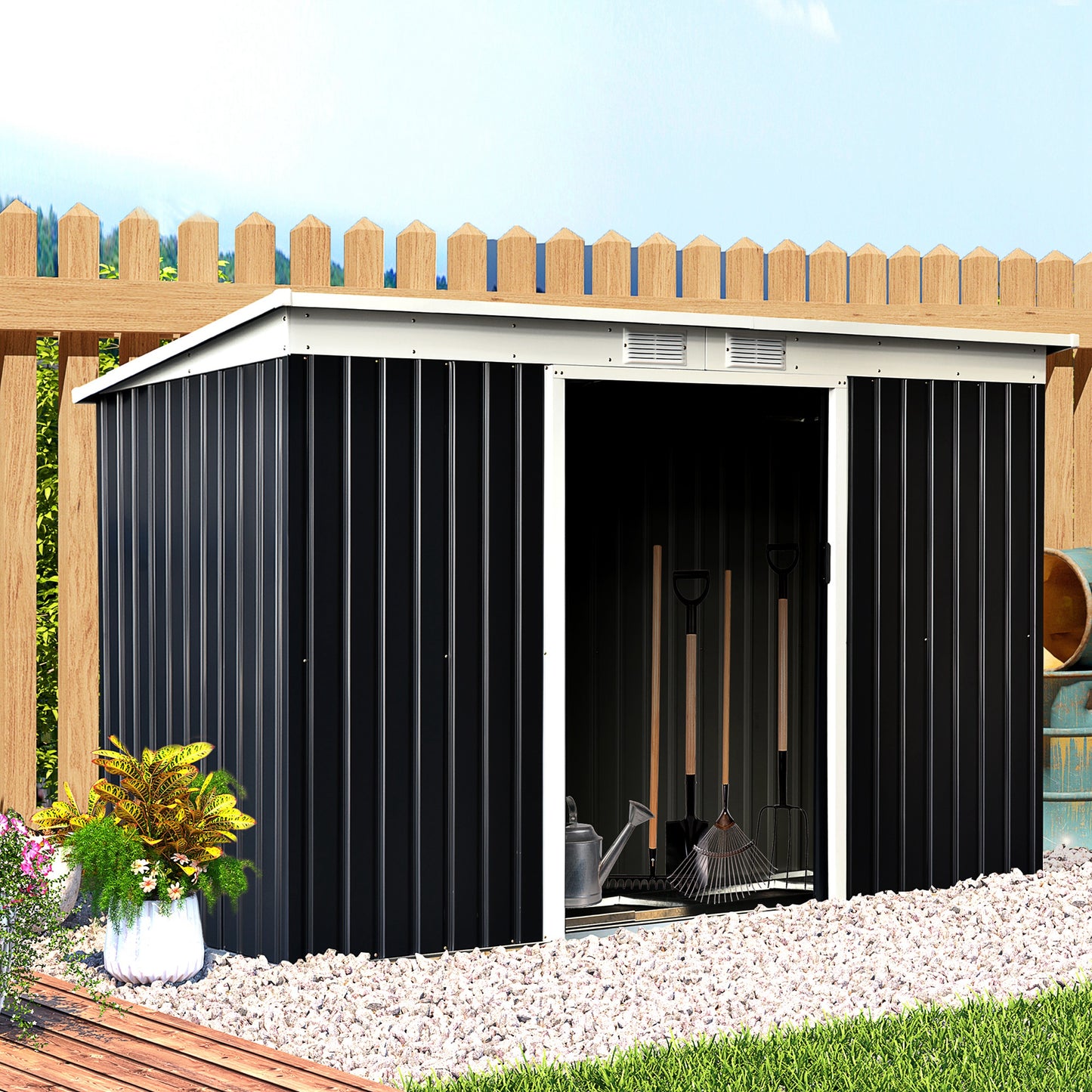 Outsunny 9 x 4 ft Metal Garden Storage Shed Patio Corrugated Steel Roofed Tool Box with Base, Kit Ventilation and Doors, Dark Grey - OutdoorBox