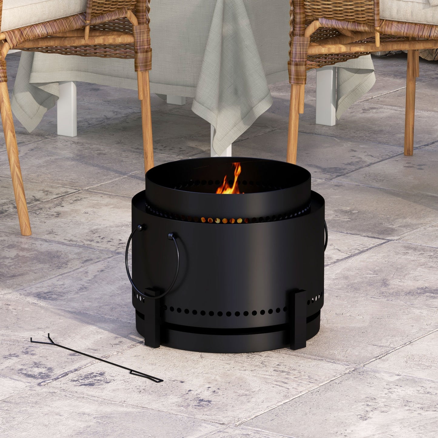 Outsunny Smokeless Fire Pit, 37cm Portable Wood Burning Firepit with Poker for Garden Camping Bonfire Party, Metal, Black - OutdoorBox