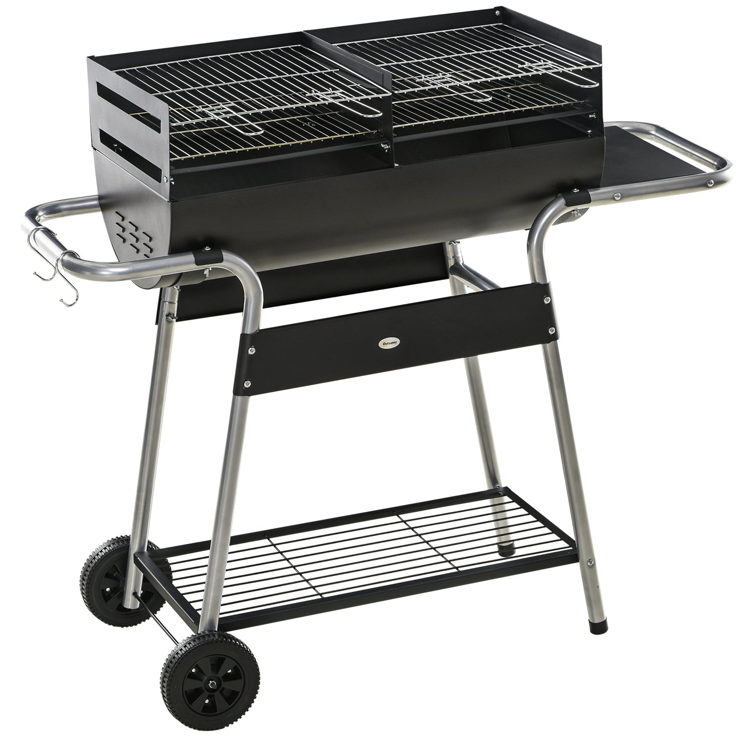 Outsunny Charcoal Barbecue Grill Garden BBQ Trolley w/ Adjustable Grill Height, Double Grill, Side Table, Storage Shelf and Wheels, Black - OutdoorBox