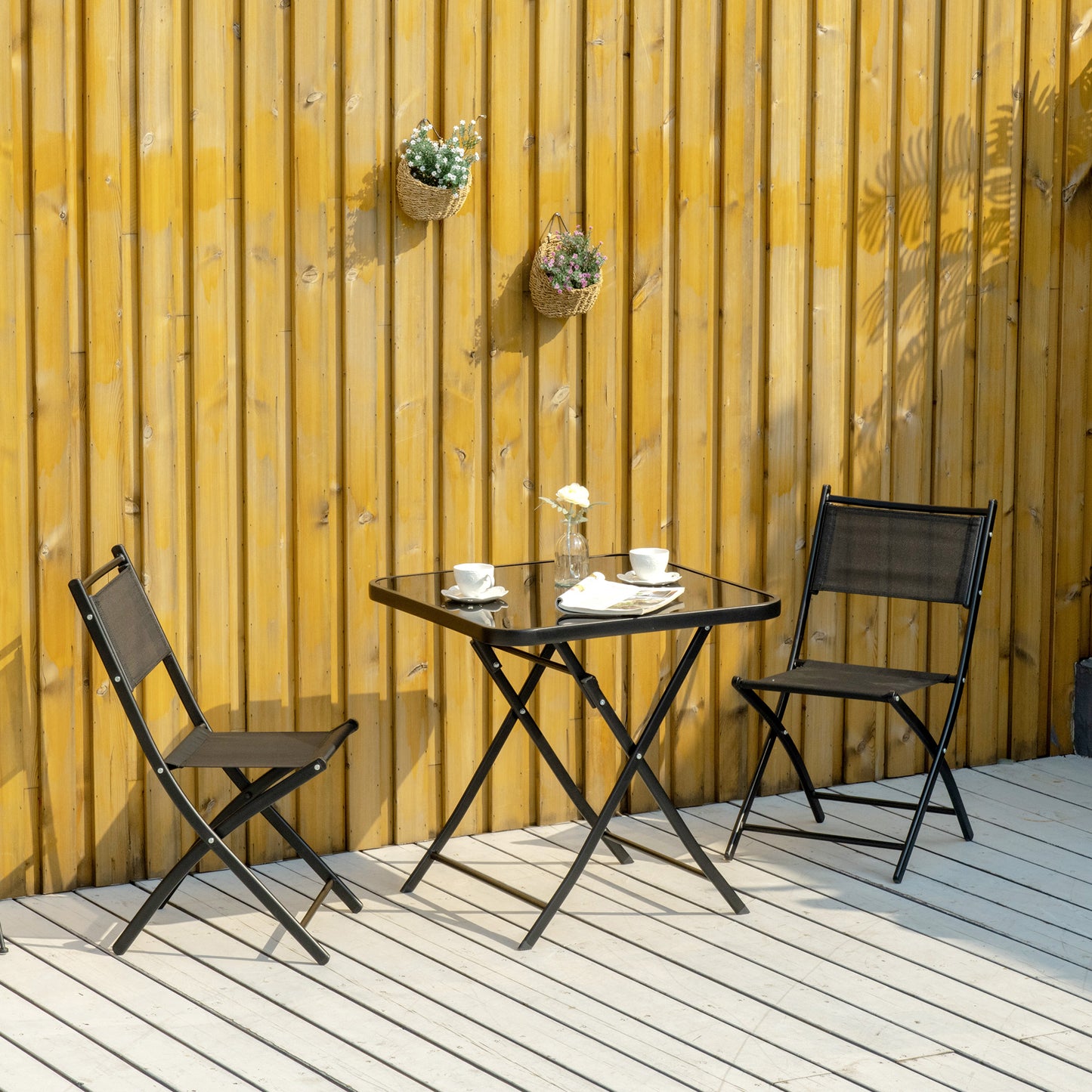 Outsunny 3 Pieces Patio Table and Chairs, Folding Patio Table and 2 Chairs, Outdoor Furniture Set for Backyard and Porch, Black