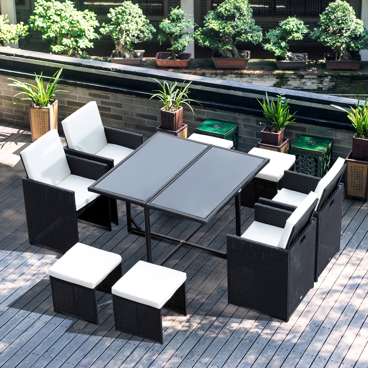 Outsunny 9PC Garden Rattan Dining Set Outdoor Patio Dining Table Set Weave Wicker 8 Seater Stool Black - OutdoorBox