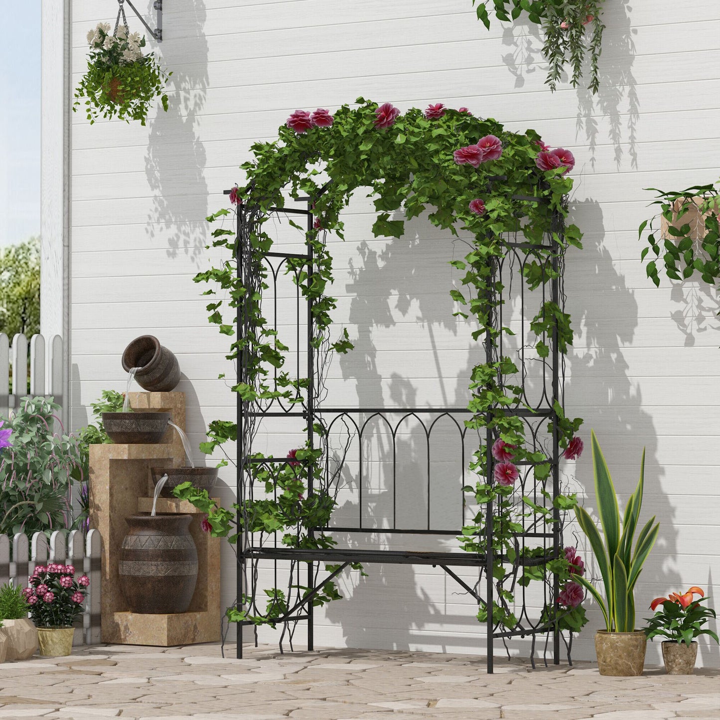 Outsunny Garden Metal Arch Bench Outdoor 2-Seater Chair, Patio Rose Trellis Arbour Pergola for Climbing Plant Vintage Classic Black 115x50x203H cm