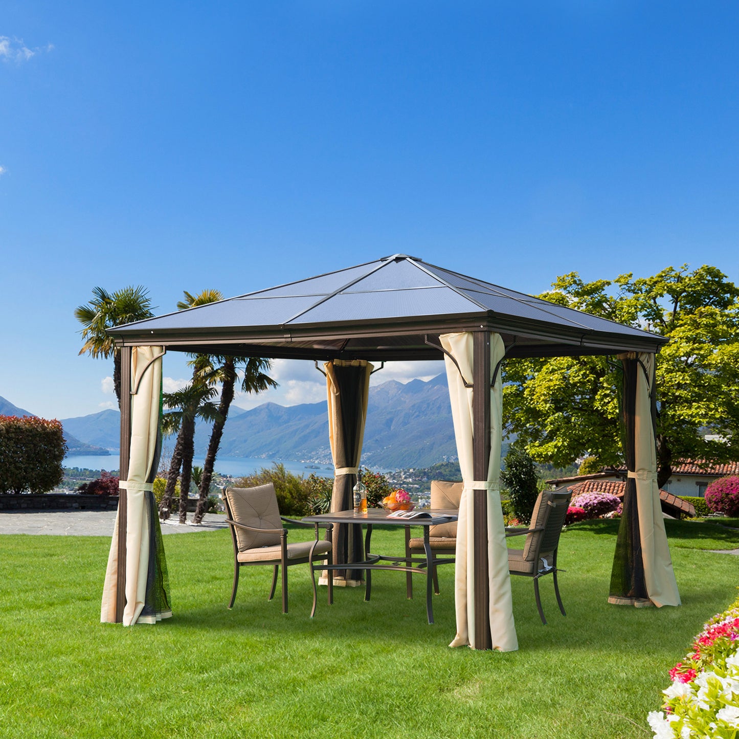 Outsunny 3 x 3(m) Hardtop Gazebo Canopy with Polycarbonate Roof and Aluminium Frame, Garden Pavilion with Mosquito Netting and Curtains, Brown - OutdoorBox