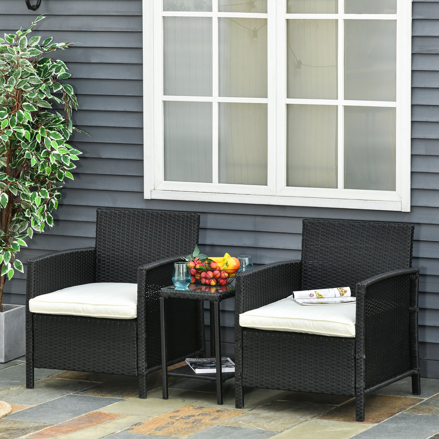 Outsunny Rattan Garden Furniture Outdoor 3 Pieces Patio Bistro Set Jack and Jill Seat Wicker Weave Conservatory Sofa Chair Table Set w/Cushion Black