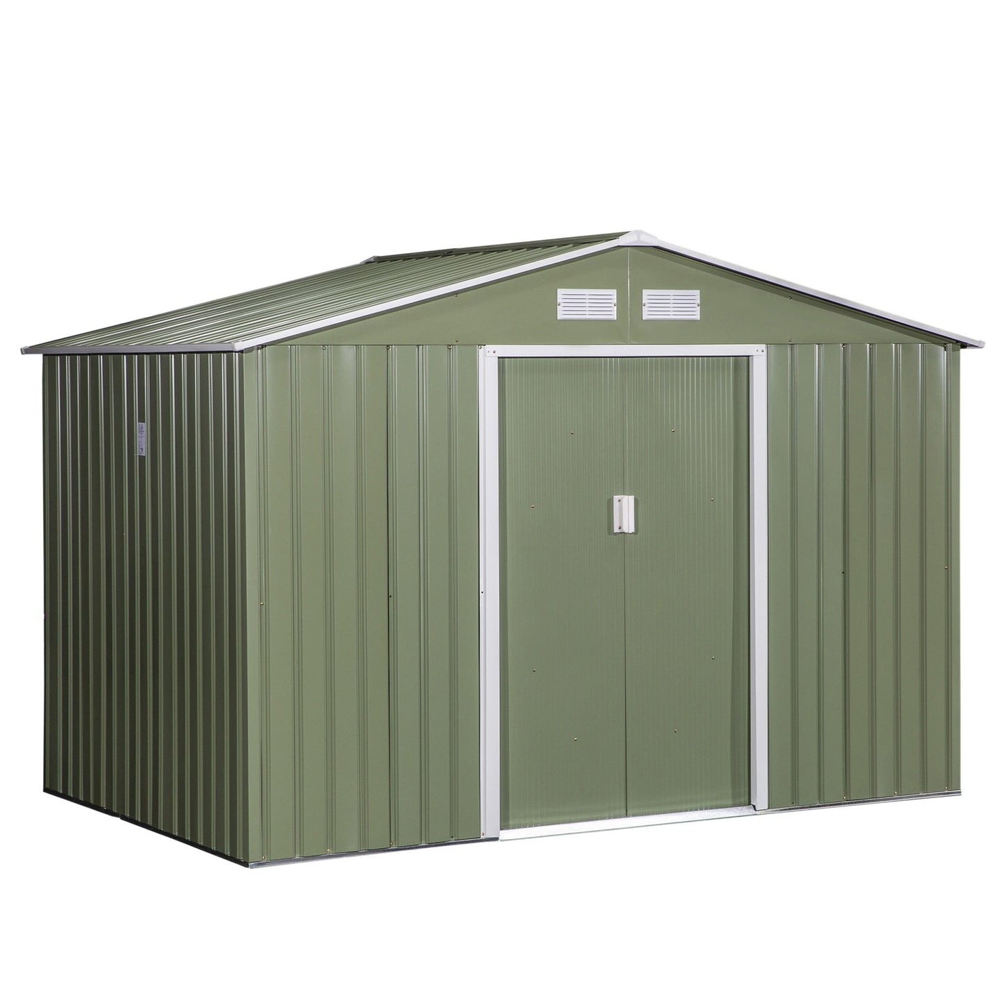 Outsunny 9 x 6 ft Metal Garden Storage Shed Corrugated Steel Roofed Tool Box with Foundation Ventilation and Doors, Light Green - OutdoorBox