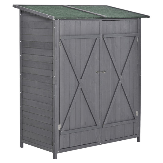 Outsunny Wooden Garden Storage Shed Lockable Tool Cabinet Organizer w/ Storage Table, Double Door, 139 x 75 x 160 cm, Grey