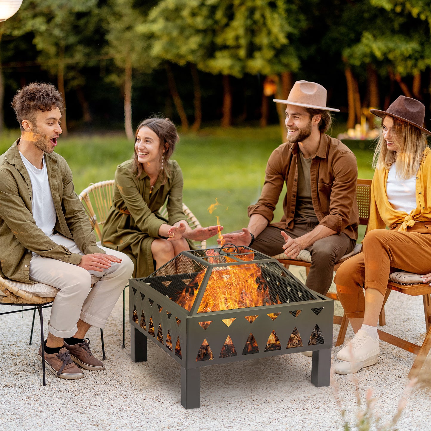 Outsunny Outdoor Fire Pit with Screen Cover, Wood Burner, Log Burning Bowl with Poker for Patio, Backyard, Black - OutdoorBox